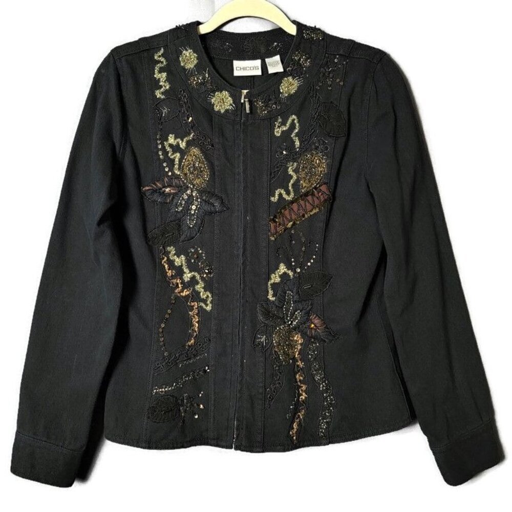 Chico's Black Metallic Beaded Embroidered Boho Full Zip Denim Jacket Size 0 US S